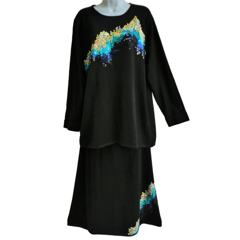 Carol Patterson Black Knits 2pc Skirt Tunic Sweater Set Sequins Maxi Side Slit L